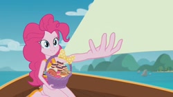 Size: 1632x918 | Tagged: safe, edit, edited screencap, imported from derpibooru, screencap, pinkie pie, equestria girls, equestria girls series, the salty sails, clothes, cupcake, female, food, ocean, pinkie's basket treasure, sailing, ship, solo, swimsuit, template