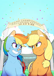 Size: 2480x3507 | Tagged: safe, artist:0ndshok, imported from derpibooru, applejack, rainbow dash, earth pony, pegasus, pony, bandage, bound wings, female, looking at each other, mare, rope, sky, smiling