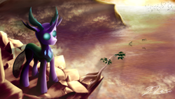 Size: 1920x1080 | Tagged: safe, artist:dranoellexa, imported from derpibooru, oc, oc only, oc:gallant sentinel, changedling, changeling, changedling oc, changeling oc, seashore, signature, solo, sunset, volumetric light