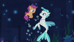 Size: 1280x720 | Tagged: safe, imported from derpibooru, screencap, scootaloo, terramar, seapony (g4), surf and/or turf, bubble, duo, seaponified, seapony scootaloo, species swap, underwater