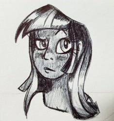 Size: 3024x3214 | Tagged: safe, artist:smirk, imported from derpibooru, twilight sparkle, human, blushing, bust, female, humanized, monochrome, solo, traditional art