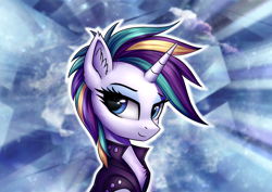 Size: 3508x2480 | Tagged: safe, artist:conniethecasanova, artist:setharu, deleted from derpibooru, edit, imported from derpibooru, rarity, pony, unicorn, abstract background, alternate hairstyle, chest fluff, clothes, ear fluff, female, jacket, looking at you, mare, punk, raripunk, smiling, solo