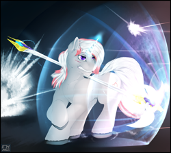 Size: 3127x2785 | Tagged: safe, artist:flareheartmz, imported from derpibooru, oc, oc only, oc:anonesna, pony, unicorn, blocking, explosion, fight, magic, male, running, scar, shield, solo, staff, stallion