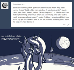 Size: 1110x1056 | Tagged: safe, artist:askbestprincessluna, imported from derpibooru, princess luna, alicorn, pony, loony luna, ask, astronaut, black sclera, clothes, creepypasta, cute, earth, female, gloves, grayscale, grimcute, hand, lunabetes, mare, monochrome, moon, offscreen character, on the moon, open mouth, planet, radio, smiling, solo, spoopy, squishy cheeks, text, tumblr, what is the defense system father, zalgo