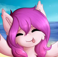 Size: 838x811 | Tagged: safe, artist:deraniel, imported from derpibooru, oc, oc:luscious desire, bat, bat pony, beach, bust, cute, cute little fangs, eyes closed, fangs, sky, smiling, tongue out