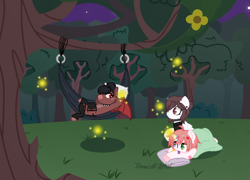 Size: 1024x738 | Tagged: safe, artist:ponycat-artist, imported from derpibooru, oc, oc only, oc:angel kitty, bat pony, firefly (insect), pegasus, pony, unicorn, female, forest, hammock, mare, night, prone, tree, tree branch