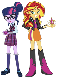 Size: 1054x1409 | Tagged: safe, editor:php77, imported from derpibooru, sci-twi, sunset shimmer, twilight sparkle, equestria girls, equestria girls (movie), friendship games, alternate scenario, big crown thingy, clothes, element of magic, evil grin, female, grin, jewelry, magic capture device, regalia, school uniform, simple background, smiling, transparent background