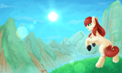 Size: 5000x3000 | Tagged: safe, artist:nightskrill, imported from derpibooru, oc, oc only, earth pony, pony, female, lens flare, mare, mountain, open mouth, rearing, river, solo, sun