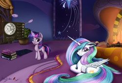 Size: 4000x2700 | Tagged: safe, artist:pony-stark, imported from derpibooru, princess celestia, twilight sparkle, alicorn, pony, unicorn, astronomy, chibi, crying, duo, female, fireplace, glowing horn, looking away, magic, sad