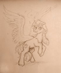 Size: 1273x1533 | Tagged: safe, artist:nightskrill, imported from derpibooru, twilight sparkle, alicorn, pony, artificial wings, augmented, female, floppy ears, magic, magic wings, mare, monochrome, rearing, sketch, smiling, solo, spread wings, traditional art, twilight sparkle (alicorn), wings