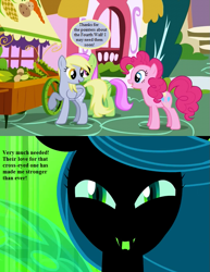 Size: 629x814 | Tagged: safe, edit, edited screencap, imported from derpibooru, screencap, derpy hooves, merry may, pinkie pie, queen chrysalis, changeling, changeling queen, a canterlot wedding, griffon the brush off, cropped, disguise, disguised changeling, fake derpy, female, fourth wall, implied derpy, impostor, speech bubble, text, uh oh