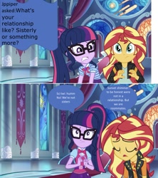 Size: 1135x1281 | Tagged: safe, editor:php77, imported from derpibooru, sci-twi, sunset shimmer, twilight sparkle, equestria girls, equestria girls series, belt, bowtie, clothes, comic, female, geode of empathy, geode of telekinesis, glasses, jacket, leather jacket, lesbian, looking at you, magical geodes, ponytail, scitwishimmer, shipping, sunsetsparkle