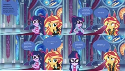 Size: 1915x1093 | Tagged: safe, editor:php77, imported from derpibooru, sci-twi, sunset shimmer, twilight sparkle, equestria girls, equestria girls series, bowtie, clothes, comic, cute, female, geode of empathy, glasses, hand on hip, jacket, leather jacket, lesbian, magical geodes, ponytail, scitwishimmer, shipping, sunsetsparkle, twiabetes