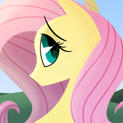 Size: 1500x1500 | Tagged: safe, artist:binkyt11, derpibooru exclusive, imported from derpibooru, fluttershy, butterfly, pegasus, pony, bust, cutie mark, eye reflection, female, hill, lineless, looking back, mare, pac-man eyes, pacman eyes, portrait, reflection, solo