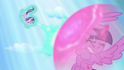 Size: 1280x720 | Tagged: safe, imported from derpibooru, screencap, starlight glimmer, twilight sparkle, alicorn, pony, unicorn, the cutie re-mark, blast, eyes closed, female, force field, glowing horn, gritted teeth, magic, magic blast, mare, open mouth, s5 starlight, shield, twilight sparkle (alicorn)