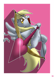 Size: 2893x4092 | Tagged: safe, artist:richard-skip, imported from derpibooru, derpy hooves, pegasus, pony, abstract background, armpits, arrow, bow, cupid, cutie mark, feather, female, flying, heart arrow, holiday, mare, open mouth, solo, valentine's day