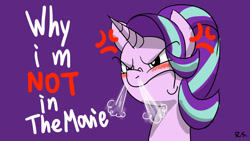 Size: 1600x900 | Tagged: safe, artist:richard-skip, imported from derpibooru, starlight glimmer, pony, unicorn, my little pony: the movie, angry, cross-popping veins, female, frown, grammar error, mare, meme, no-showlight glimmer, simple background, snorting, solo, text, triggered