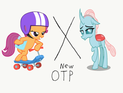 Size: 1024x768 | Tagged: safe, imported from derpibooru, ocellus, scootaloo, female, helmet, lesbian, saddle bag, scoocellus, scooter, shipping