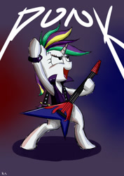 Size: 1600x2263 | Tagged: safe, artist:richard-skip, imported from derpibooru, rarity, pony, unicorn, alternate hairstyle, bipedal, clothes, electric guitar, female, gradient background, guitar, guitarity, jacket, mare, musical instrument, open mouth, punk, raripunk, solo, wristband