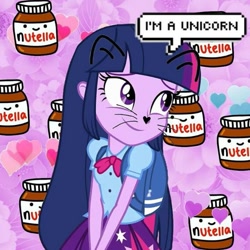 Size: 717x716 | Tagged: safe, edit, imported from derpibooru, twilight sparkle, alicorn, equestria girls, captain obvious, cat ears, cute, food, nutella, twiabetes, twilight sparkle (alicorn)