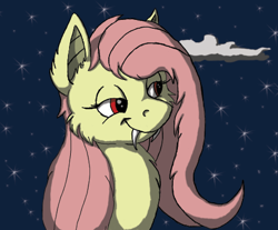 Size: 475x394 | Tagged: safe, artist:neyonic, imported from derpibooru, fluttershy, bat pony, pony, fangs, female, flutterbat, lidded eyes, mare, race swap, redraw, smiling, solo, starry night