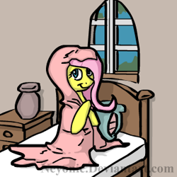 Size: 300x300 | Tagged: safe, artist:neyonic, imported from derpibooru, fluttershy, pony, bed, blanket, cozy, female, looking at you, mare, smiling, solo, wrapped up