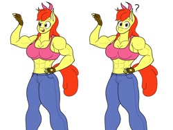 Size: 1708x1285 | Tagged: safe, artist:matchstickman, imported from derpibooru, apple bloom, anthro, earth pony, abs, apple brawn, biceps, breasts, busty apple bloom, clothes, deltoids, female, fingerless gloves, flexing, gloves, jeans, looking at you, mare, matchstickman's apple brawn series, muscles, older, older apple bloom, pants, pointing, puzzled, question mark, simple background, solo, sports bra, white background