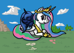 Size: 294x212 | Tagged: safe, artist:neyonic, imported from derpibooru, princess celestia, princess luna, alicorn, pony, duo, female, jewelry, looking back, mare, missing accessory, picture for breezies, prone, regalia, sisters, sleeping, smiling