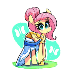 Size: 1961x1957 | Tagged: safe, artist:sourspot, imported from derpibooru, fluttershy, pegasus, pony, fake it 'til you make it, clothes, cute, dress, female, folded wings, looking at you, mare, smiling, solo, standing, three quarter view, warrior of inner strength, warriorshy, wings