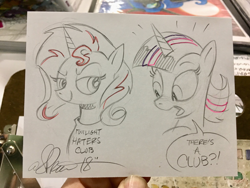 Size: 2048x1536 | Tagged: safe, artist:andypriceart, imported from derpibooru, sunset shimmer, twilight sparkle, alicorn, pony, unicorn, andy you magnificent bastard, clothes, duo, female, mare, shirt, traditional art, twilight sparkle (alicorn)