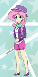 Size: 974x1943 | Tagged: safe, artist:php54, imported from derpibooru, fluttershy, human, fake it 'til you make it, 2018, alternate hairstyle, bandana, clothes, female, fluttershy day, hat, hipster, hipstershy, humanized, shorts, solo, starry backdrop, top hat