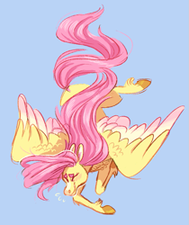 Size: 709x843 | Tagged: safe, artist:tegechu, deleted from derpibooru, imported from derpibooru, fluttershy, pegasus, pony, blue background, blushing, colored eyebrows, colored hooves, colored wings, colored wingtips, eyes closed, female, flying, long mane, mare, realistic horse legs, simple background, solo, spread wings, unshorn fetlocks, windswept mane, wings