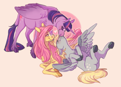 Size: 1067x764 | Tagged: safe, artist:tegechu, deleted from derpibooru, imported from derpibooru, derpy hooves, fluttershy, twilight sparkle, alicorn, pegasus, pony, boop, cloven hooves, cutie mark, derpyshy, female, heart, horn, leonine tail, mare, noseboop, nuzzling, on back, orange background, polyamory, prone, shipping, simple background, smiling, spread wings, twerpy, twerpyshy, twilight sparkle (alicorn), twishy, underhoof, unshorn fetlocks, wings