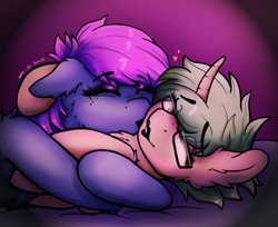Size: 2225x1817 | Tagged: safe, artist:aaa-its-spook, imported from derpibooru, oc, oc only, oc:hooters, oc:spook, bat pony, unicorn, chest fluff, curved horn, eyes closed, eyeshadow, female, fluffy, freckles, glasses, kissing, lesbian, lipstick, makeup, oc x oc, shipping, snuggling