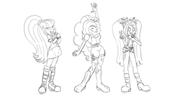 Size: 1920x1080 | Tagged: safe, imported from derpibooru, adagio dazzle, aria blaze, sonata dusk, equestria girls, eyes closed, lineart, microphone, one eye closed, peace sign, the dazzlings, wink