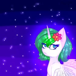 Size: 2000x2000 | Tagged: safe, artist:g-raven, imported from derpibooru, oc, oc only, oc:princess margarita, alicorn, pony, alicorn oc, flower, flower in hair, looking at you, space, stars