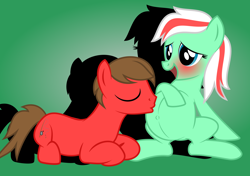 Size: 3400x2400 | Tagged: safe, artist:mintydrop2013, imported from derpibooru, oc, oc only, oc:drop shot, oc:minty fresh, earth pony, pony, blushing, couple, cute, eyes closed, female, hoof on belly, husband and wife, kissing, male, married couple, multiple pregnancy, pregnant, shadow, shipping, sitting