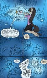 Size: 842x1400 | Tagged: safe, artist:kaemantis, imported from derpibooru, octavia melody, silver spoon, anthro, unguligrade anthro, comic:junior gala, alternate universe, bath, bathroom, bathtub, comic, duo, ear pull, female, kneeling, mane 'n tail, rubber duck, shampoo, sisters, waking up