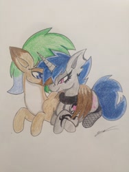 Size: 2448x3264 | Tagged: safe, artist:luxiwind, imported from derpibooru, oc, oc only, oc:inkheart, oc:luxi wind, pony, unicorn, female, high res, hug, male, mare, oc x oc, prone, shipping, stallion, straight, traditional art, winghug