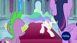 Size: 1920x1080 | Tagged: safe, imported from derpibooru, screencap, princess celestia, spike, twilight sparkle, twilight sparkle (alicorn), alicorn, horse play, cute, cutelestia, discovery family logo, prancelestia, prancing