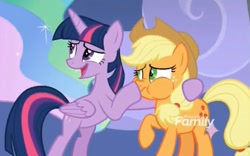 Size: 1003x625 | Tagged: safe, imported from derpibooru, screencap, applejack, twilight sparkle, twilight sparkle (alicorn), alicorn, earth pony, pony, horse play, boop, female, puffy cheeks, scrunchy face