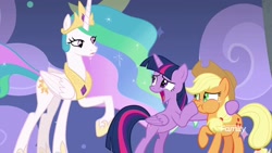 Size: 1920x1080 | Tagged: safe, imported from derpibooru, screencap, applejack, princess celestia, twilight sparkle, twilight sparkle (alicorn), alicorn, horse play, discovery family logo