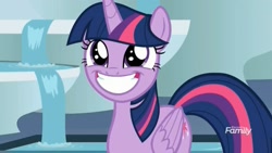 Size: 1629x922 | Tagged: safe, imported from derpibooru, screencap, twilight sparkle, twilight sparkle (alicorn), alicorn, pony, horse play, adorkable, cute, dork, faic, female, fountain, solo, squee, throne room, twiabetes, water