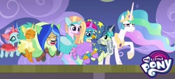 Size: 1244x562 | Tagged: safe, imported from derpibooru, screencap, gallus, ocellus, princess celestia, sandbar, silverstream, smolder, yona, alicorn, changedling, changeling, classical hippogriff, dragon, earth pony, griffon, hippogriff, pony, yak, horse play, clothes, costume, fake beard, fake horn, female, male, mare, my little pony logo, raised hoof, star swirl the bearded costume, student six, teenager