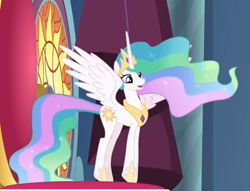 Size: 894x683 | Tagged: safe, imported from derpibooru, screencap, princess celestia, alicorn, pony, horse play, canterlot castle, cropped, cute, cutelestia, ethereal mane, excited, female, mare, solo, spread wings, tiptoe, wings