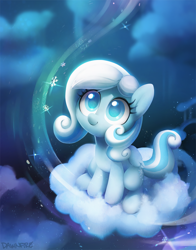 Size: 1886x2400 | Tagged: safe, artist:dawnfire, imported from derpibooru, oc, oc only, oc:snowdrop, pegasus, pony, blind, cloud, colored pupils, cute, cutie mark, female, filly, foal, hooves, looking up, night, night sky, ocbetes, on a cloud, signature, sitting, sitting on a cloud, sitting on cloud, sky, smiling, snow, snowflake, solo, starry night, wings