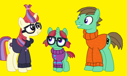 Size: 930x558 | Tagged: artist needed, safe, artist:ianpony98, edit, imported from derpibooru, oc, oc:ian, oc:straight a's, unicorn, adorkable, buttons, canon x oc, clothes, cute, dork, family, female, filly, glasses, male, offspring, parent:moondancer, parent:oc:ian, parents:canon x oc, pigtails, shipping, simple background, straight, sweater, yellow background