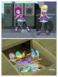 Size: 3106x4096 | Tagged: safe, edit, edited screencap, imported from derpibooru, screencap, fuchsia blush, gallus, lavender lace, ocellus, sandbar, silverstream, smolder, yona, equestria girls, horse play, rainbow rocks, clothes, costume, student six