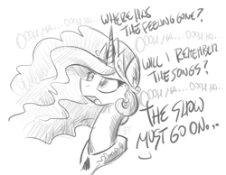 Size: 3000x2329 | Tagged: safe, artist:flutterthrash, imported from derpibooru, princess celestia, pony, horse play, dialogue, monochrome, pink floyd, simple background, song reference, that was fast, the wall, white background