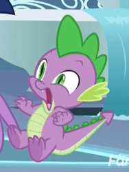 Size: 514x685 | Tagged: safe, imported from derpibooru, screencap, spike, dragon, horse play, claws, cropped, feet, male, open mouth, scared, shocked, solo focus, spread toes, startled, underfoot